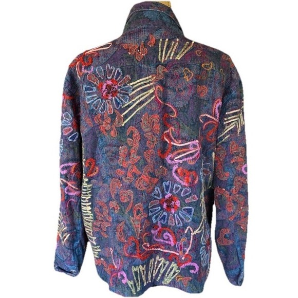 Chico's Denim Embroidered Boho Jacket Wearable Art Beaded Size XL /16 Maximalist - Picture 8 of 13